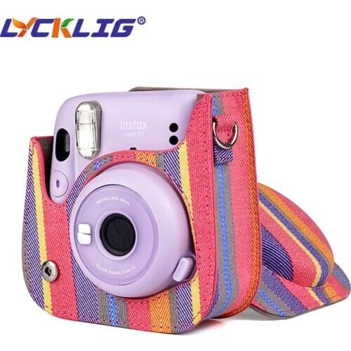 Canvas Camera Case For Fuji FujiFilm Instax Mini 11 Instant Film Cameras, Color Stripe Protective Cover Bag with Shoulder Strap