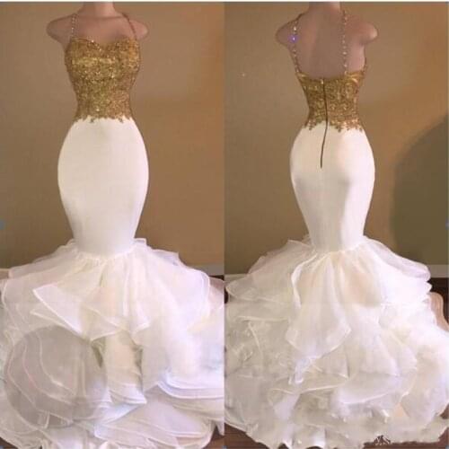 Sparkly Spaghetti Strap Gold Lace Appliques Top Wedding Gowns Sweep Train Organza Ruffles Mermaid Bridal Dresses