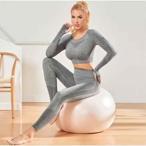 NORMOV Seamless Breathable Long Sleeve Sets Women Knit High Waist Push Up Elastic Fitness Set Female Slim Workout Two-Piece Suit