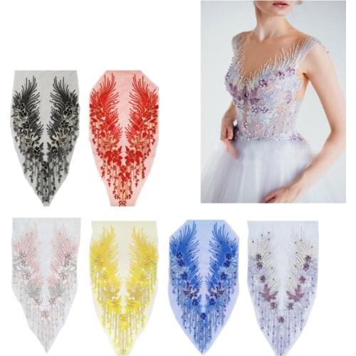 Lace Applique 3D Beaded Embroidered Floral Rhinestone Trim Patches Great DIY Neckline Bodice Wedding Bridal Prom Dress