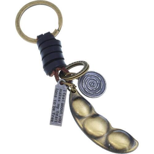 Fashion Vintage Retro Keychain Alloy Bronze Pea Pendant Leather Holder Car Bag Key Chain Accessories Keyring Men Women Kids Gift