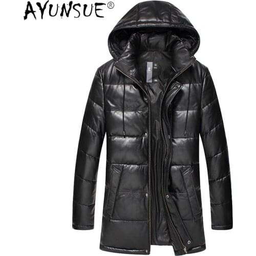 AYUNSUE Real Sheepskin Leather Jackets Mens Coats Genuine Leather Down Coat Male Warm Hooded Black Pakas Veste Cuir Homme SQQ295