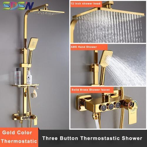 Bath Shower Set Bathroom Faucet Shower Mixers Square Head Rainfall Shower Faucet Thermostatic Shower Set Three Function Button