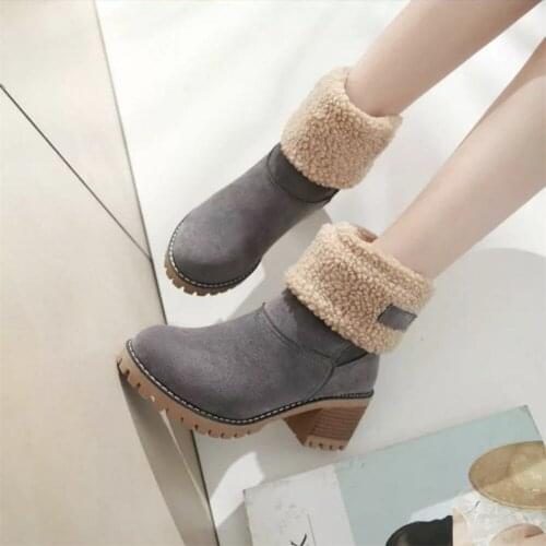 2022 New Winter Womens Shoes Thick-Heeled High-Heeled Snow Boots Two Wear Plus Velvet Warm Female Boots Mid-Tube Boots Cotton