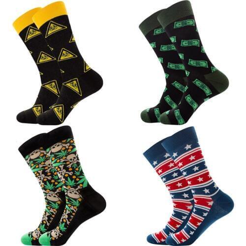 Novelty Cotton Mens Business Socks Harajuku Hip Hop Happy Colorful Funny Striped Star Dress Socks For Man Christmas Gift