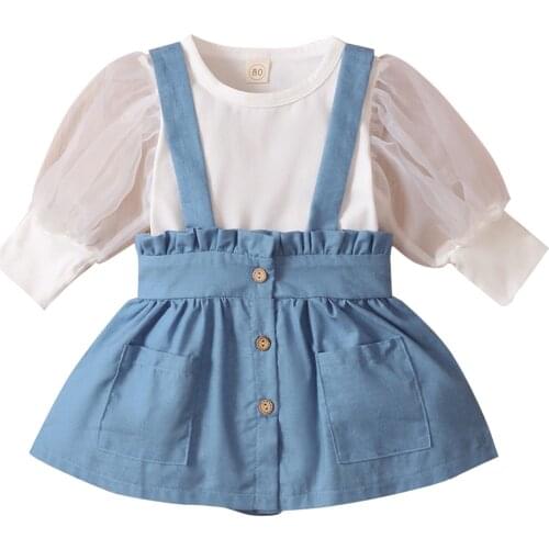 Newborn Baby Girls Clothes Cotton Summer O-neck Tee Puff Sleeve Tops Suspende Short Dress Kids Casual 2PCS Outfits Clothes D30