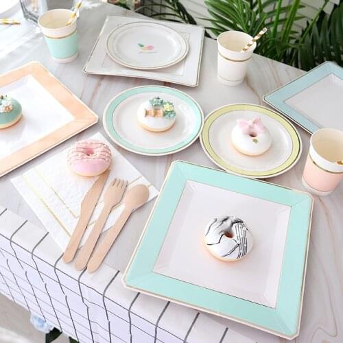 Solid color gold Party Disposable Tableware White Paper Plates Cups Straw Napkins Birthday Party Wedding Decoration Supplies