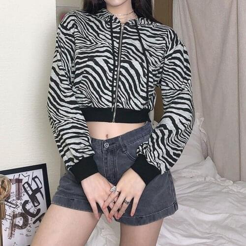Eye-catching Chic Women Zebra Print Crop Top Hoodie Zip Up Long Sleeve Sweatshirt Hooded Coat wholesale