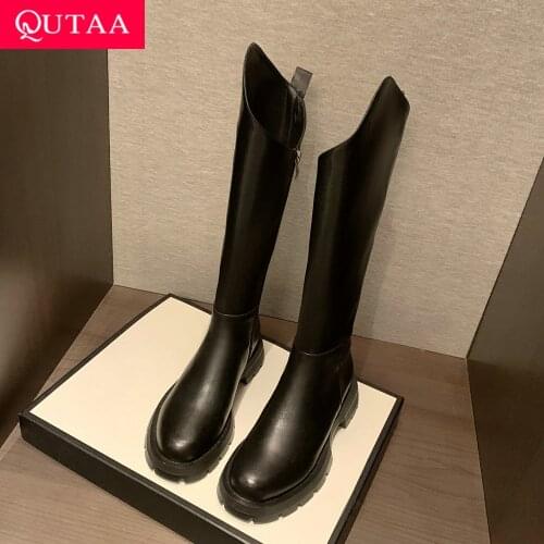 QUTAA 2022 Autumn Winter Square Heel Knee High Boots Leather Slip On Platform Women Shoes Retro Chelsea Short Boots Size 34-43