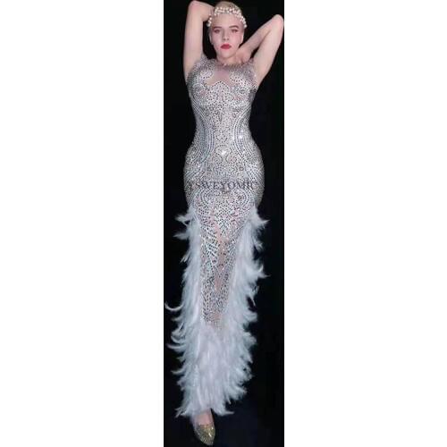 Sexy Bar Birthday Celebrate Outfit Women Singer Dancer DS Dress Prom Show Long Dress With Full Rhinestones Feather Dress