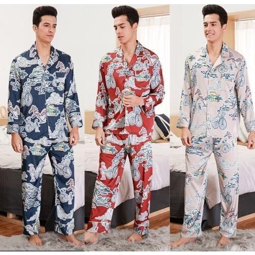 Mens printing Silk Pajama Set Silk Sleepwear Men Sexy Modern Style Soft Cozy Satin Nightgown Summer Spring Home Clothes Suit
