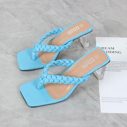 Womens Flip Flop Sandals For Summer 7CM Square Crystal High Heels Hand Woven Belt Comfortable Fashion Open Clip Toe Shoes 36-41