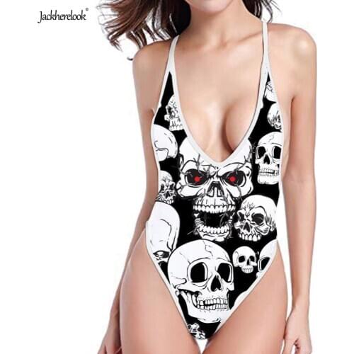Jackherelook One Pieces Backless Swimsuit Punk Skull Head 3D Printed Off Shoulder Halter Bikinis Women Monokini Push Up Swimwear