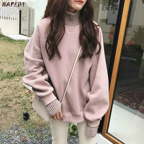 Korean Style Oversized Hoodies Female Winter False Two Pieces Turtleneck Womens Sweatshirt Loose Thick Fleece Pullovers CA8022
