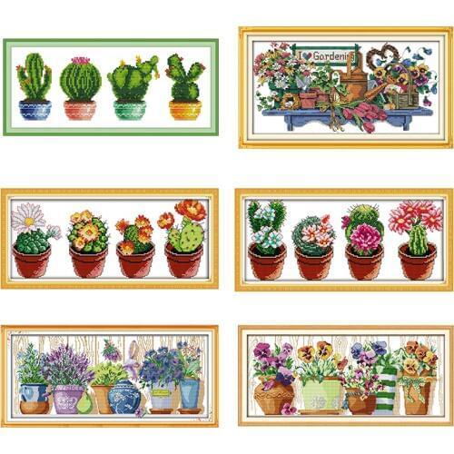 Green Plant Beautiful Cactus Cross Stitch Set Crafts Embroidery Chinese Cross Stitch Kit DMC Needlework Home Decoration Pattern