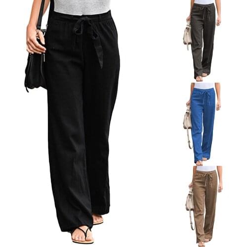 2021 Women Straight-leg linen fabric Pants Waistbands Solid Color Elastic High Waist Trousers Black/ Dark Blue/ Charcoal/ Khaki