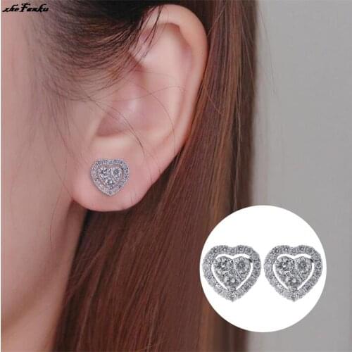 Simple Fashion Heart Shaped Stud Earrings For Women White Cubic Zirconia Romantic Female Earring Statement Jewelry Gift