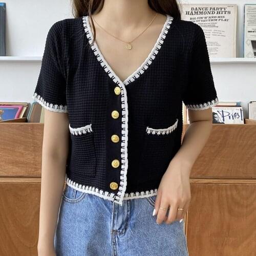 V-Neck Short Sweater Women 2021 New Summer Tops Thin Button Cardigan Short Sleeve Contrast Color Knitted Elastic Sweater Femme