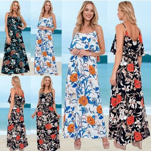 Fashion Floral Printing Beach Dresses Bohemian Style Elegant Chic Women Dress Sexy Lady Sleeveless Backless Sling Robe Vestidos