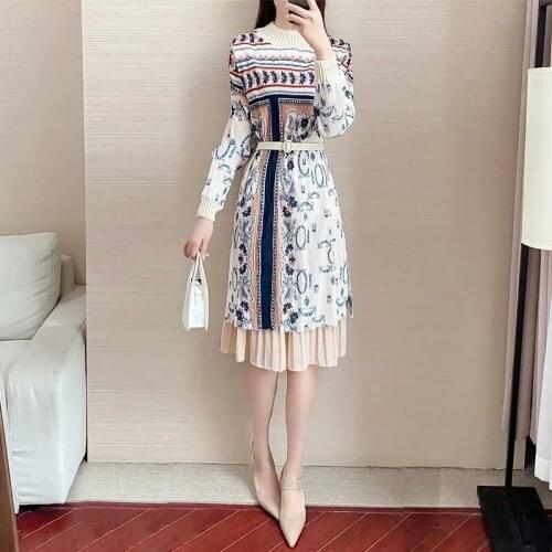Vintage Print Sashes Slim Knitted Dress Women Spring Autumn Fashion Patchwork Sweater Midi Dresses Elegant Ladies Pleated Dress