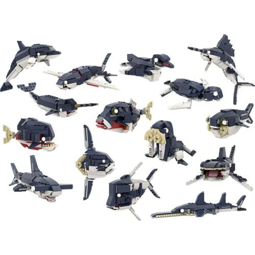 15 In1 Marine Life Shark Dolphin Deep-sea Fish Zoo Sea Lion Building Block Bricks City Great Model Assembly Toy Kit Kids Gift