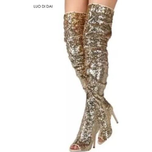 2019 summer women over knee high boots fashion peep toe bling boots shine sequin leather party shoes thigh high women booties