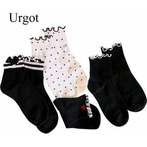 Urgot 3 Pairs New Design Ruffles Lace Womens Socks Sweet Princess Girl Short Cotton Socks Trendy Dots Red Heart Stripe Art Socks