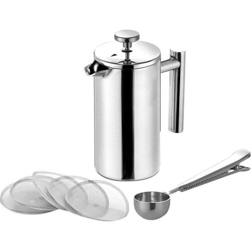 350ML French Press,12Oz,Double Wall Stainless Steel Tea Cafetiere Kettle, With Coffee Measuring Spoon & 5 Filter Screens