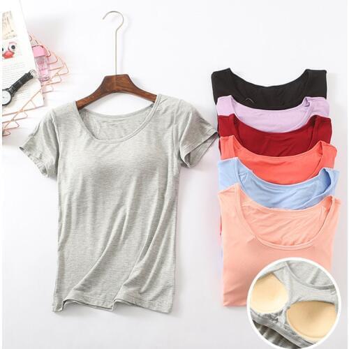 One-piece bra bra womens half-sleeved slim short-sleeved belt chest pad half-sleeved female summer short-sleeved T-shirt with b