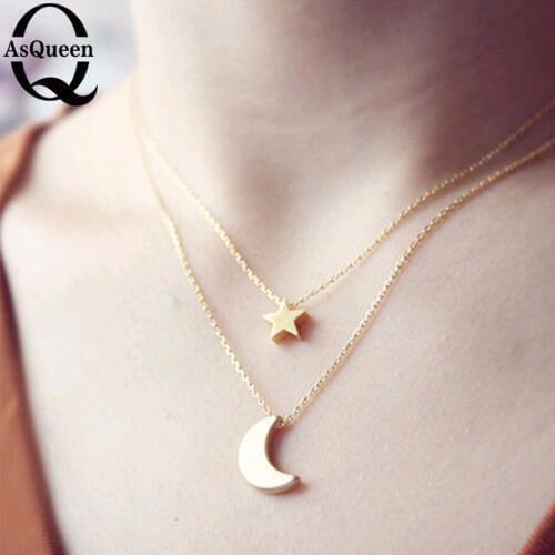 1 Piece Sale Women Lady Girl New Golden Silvery Star Moon Two Layered Chain Pendent Necklaces Fashion Jewelry