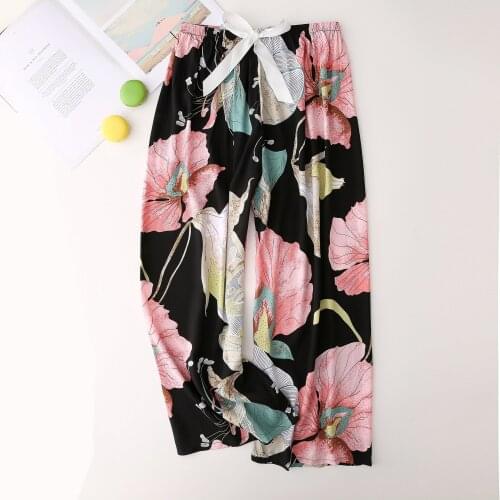 Sleep Bottom Thin Female Homewear Pants Floral Print Calf-length Pajamas Pants Wide-Leg Comfortable Elastic Pyjamas