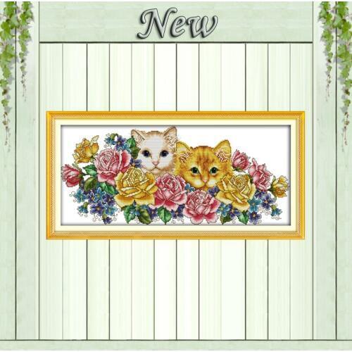 Two cats in flowers Drawing painting,Counted printed on canvas DMC 14CT 11CT DIY Cross Stitch Needlework kits Embroidering Sets