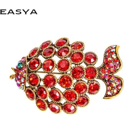 EASYA Rhinestone Fish Brooches For Women Animal Fashion Jewelry Zircon Copper Pin Shining Accessories