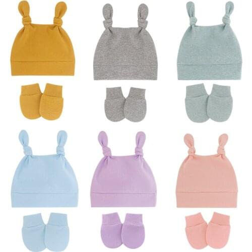 3Pcs/Lot Baby Girls Boys Cotton Hat with Mitten Set Newborn Soft Bunny Ear Hats Solid Color Warm Glove Beanie Cap 0-12M
