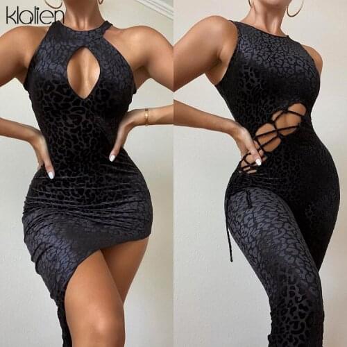 KLALIEN Fashion Sexy Hollow Out O Neck Sleeveless Bodycon Dresses For Women 2021 New Beach Vacation Print Leopard Dresses