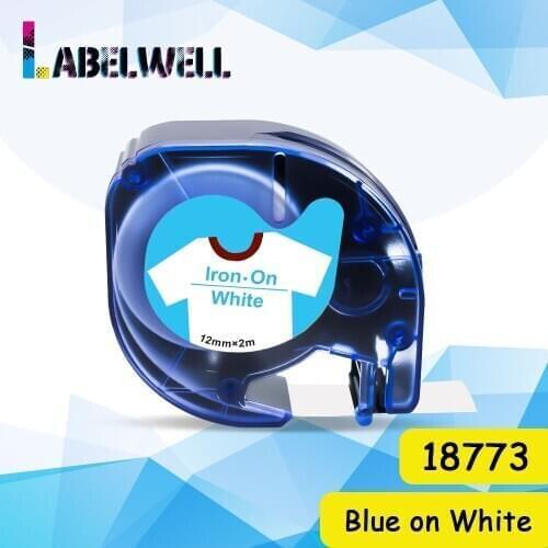 Labelwell 1pcs 18773 12mm Fabric Tapes Blue on White Fabric Iron On Label replace for Dymo LetraTag LT-100H QX-50 label maker