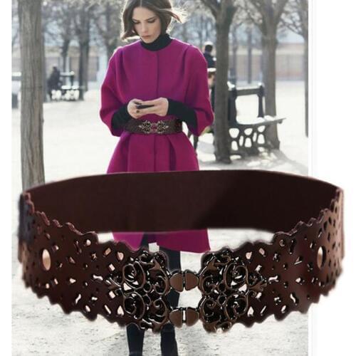 Fashion Womens Genuine leather Double Buckle Elastic Waist Belt Wide Stretch Corset Waistband