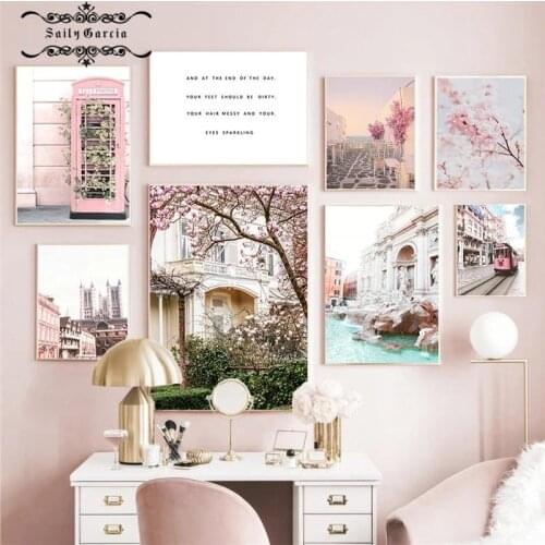 Pink Flower Poster Wall Art Canvas Painting Scandinavian Scenery Picture Print Nordic Poster for Living Room Home Decor Design