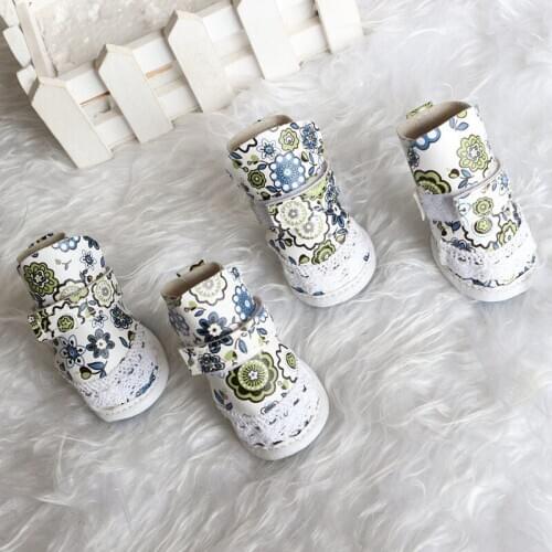 New 4Pcs/set PU Leather Dogs Boots Floral Print Booties Pet Dog Shoes Puppy Chihuahua Teddy Autumn Winter Shoes XS S M L XL