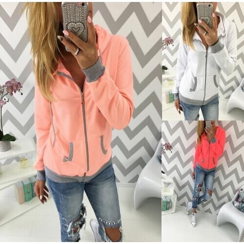 Autumn Solid Color Zipper Long-sleeved Hooded Womens Clothing Jacket White Women Tops