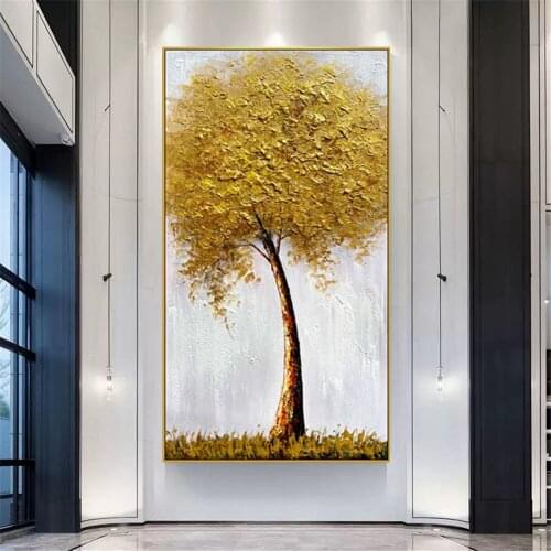 Hand-painted canvas painting Gold leaf texture trees on Abstract Landscape Oil Painting for Living Room Decor Wall Art Frameless