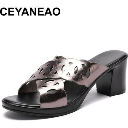 CEYANEAO2020 Summer Outdoor Sandals Leather Women Mules Med Heels Shoes Woman Slides Solid Concise Shoes Woman