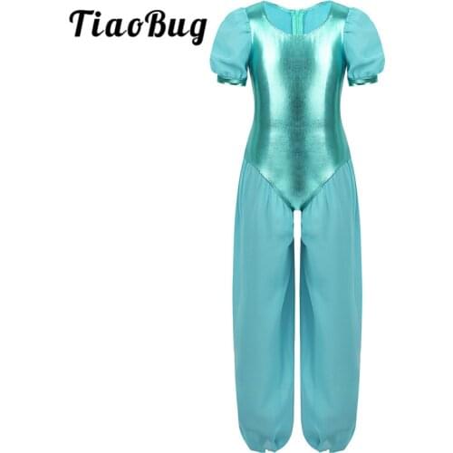 TiaoBug Girls Puff Sleeves Metallic Chiffon Splice Ballet Gymnastics Leotard Kids Jumpsuit Princess Dress Lyrical Dance Costumes