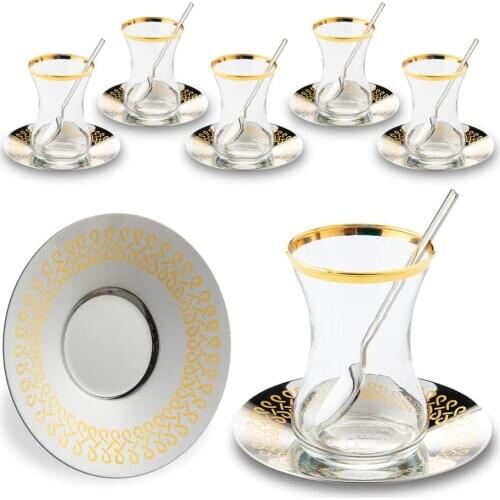 Turkish Tea Glasses Cups Set of 6 and Saucers with Spoons for Serving and Drinking Glassware Housewarming Gift Women 3.45 oz - 1
