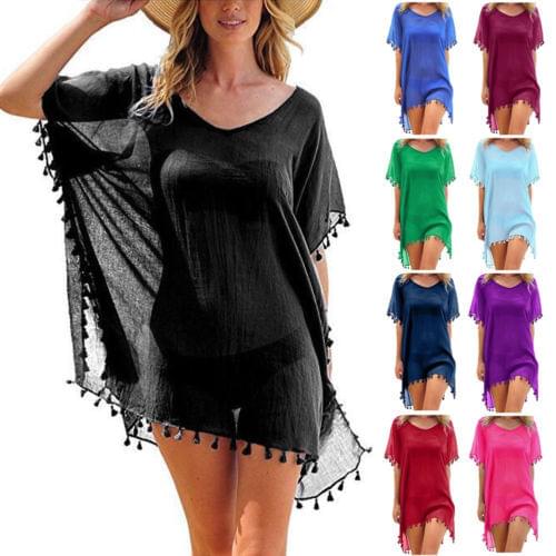 10 Colors Universal Tassels Beachwear Solid Bikini Swimwear Chiffon Cover Up Women One Size Covers Loose Solid Cover-Ups