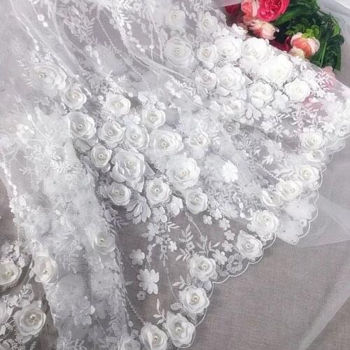 130cm Width Ivory Vintage 3D Blossom Flower Embroidery Tulle Mesh Lace Fabric With Pearl Beads For Wedding Dress/Evening Dress