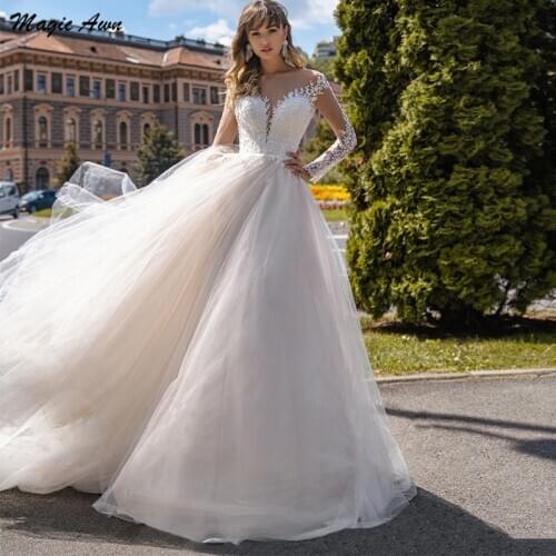 Magic Awn Long Sleeves Tulle Wedding Dresses Boho Lace Appliques Illusion Princess Beach Country Bridal Gowns Robes De Mariage