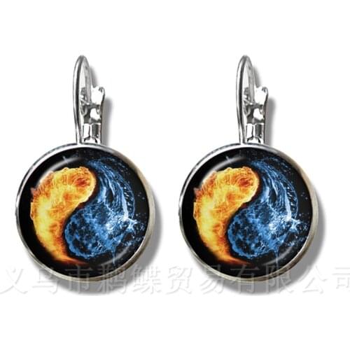 Fire And Water Symbol Jewelry Yin Yang Glass Dome Earrings Taoism Buddhism Spiritual Yin-Yang Harmony Silver Plated Earrings