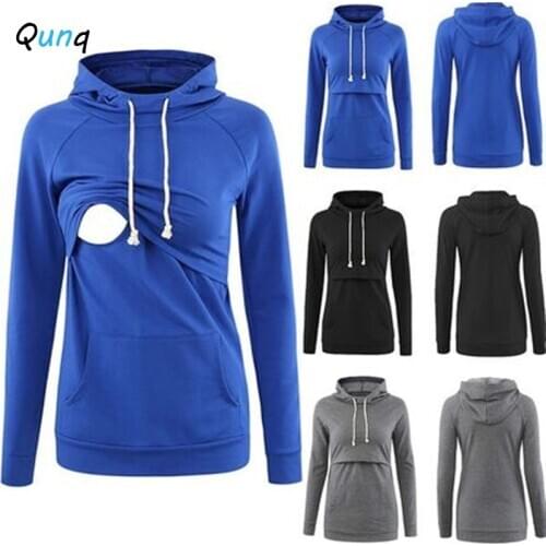 Qunq Woman Breastfeeding Clothes Spring Fall Hooded Maternity Sweatshirts Solid Color Cotton Casual Pregnancy Tops Pullovers