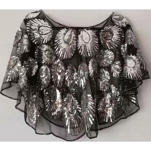 Womens 1920s Shawl Wrap Art Deco Beaded / Vintage Black & Gold Sequin Evening Cape Bolero Flapper Peacock Black Evening Shawl